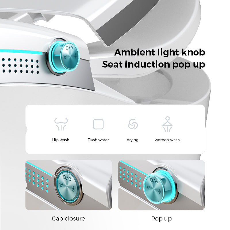 01 Smart Bidet Toilet with a Multi-Function Side Knob for Seamless Control. Switch Effortlessly Between Posterior Wash, Feminine Care, Warm Air Dry, and Auto-Flush with One Simple Twist, Offering an Intuitive and User-Friendly Bathroom Experience