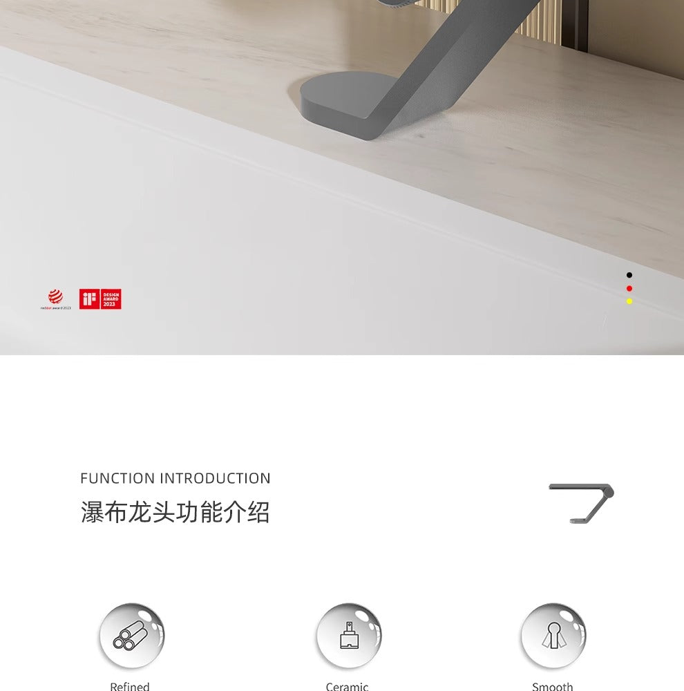 Modern Industrial Waterfall Basin Mixer Faucet - Gunmetal Grey (Knurled Handle)