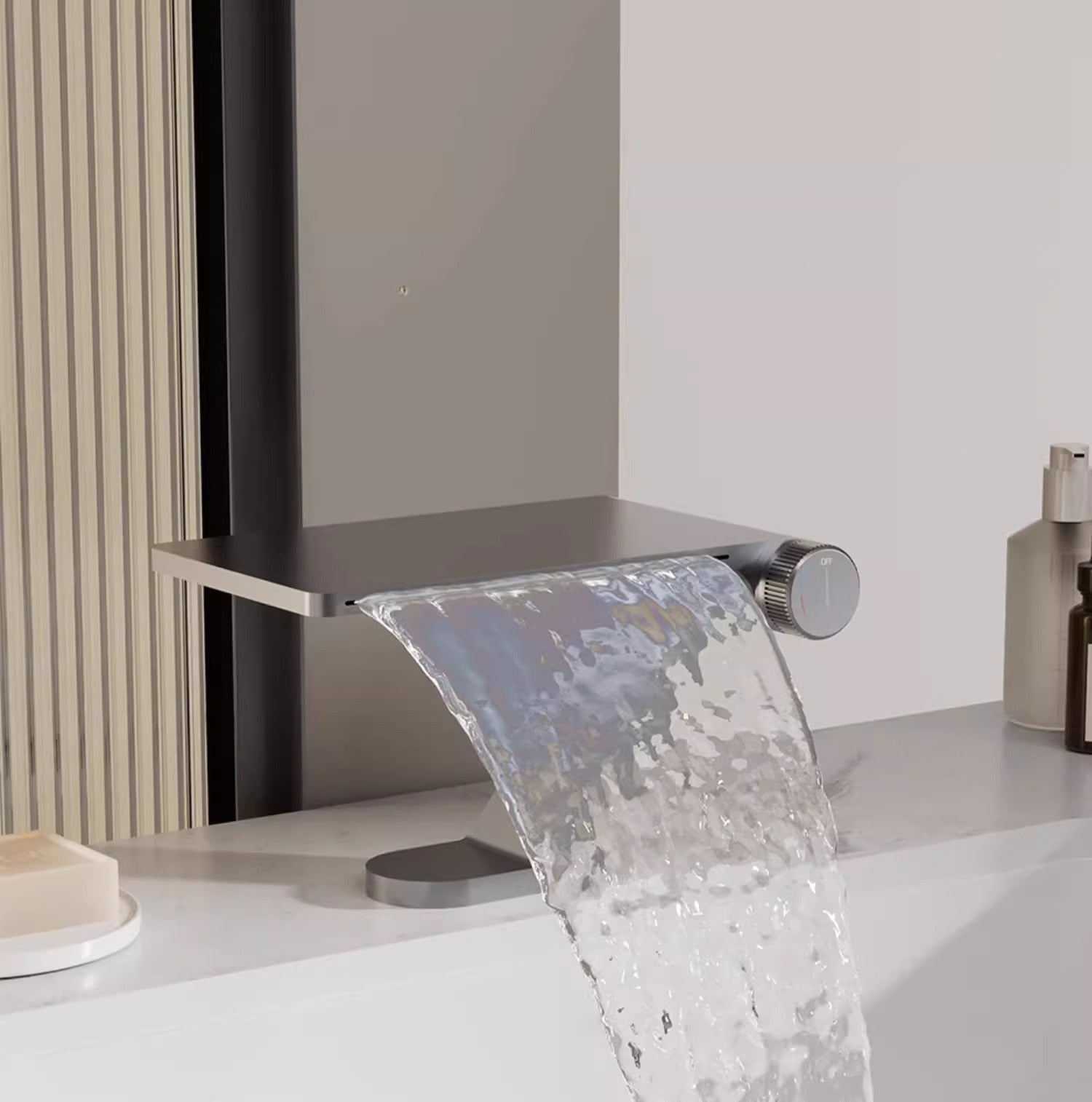 Modern Industrial Waterfall Basin Mixer Faucet - Gunmetal Grey (Knurled Handle)