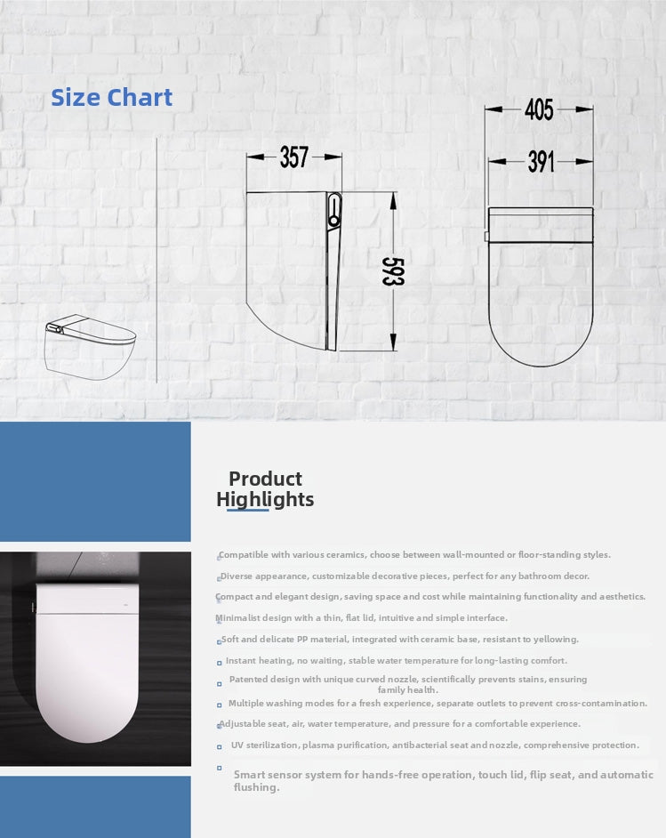 Dimensions guide for the 1202 wall-mounted smart toilet: 593mm length, 405mm width, and 357mm height, featuring a space-saving floating design.