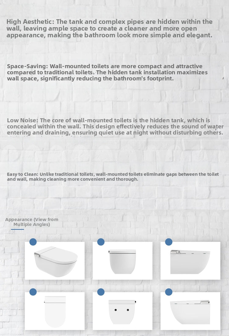 1202 wall-mounted smart bidet toilet showing a compact, floating design that saves floor space and makes small bathrooms feel larger.