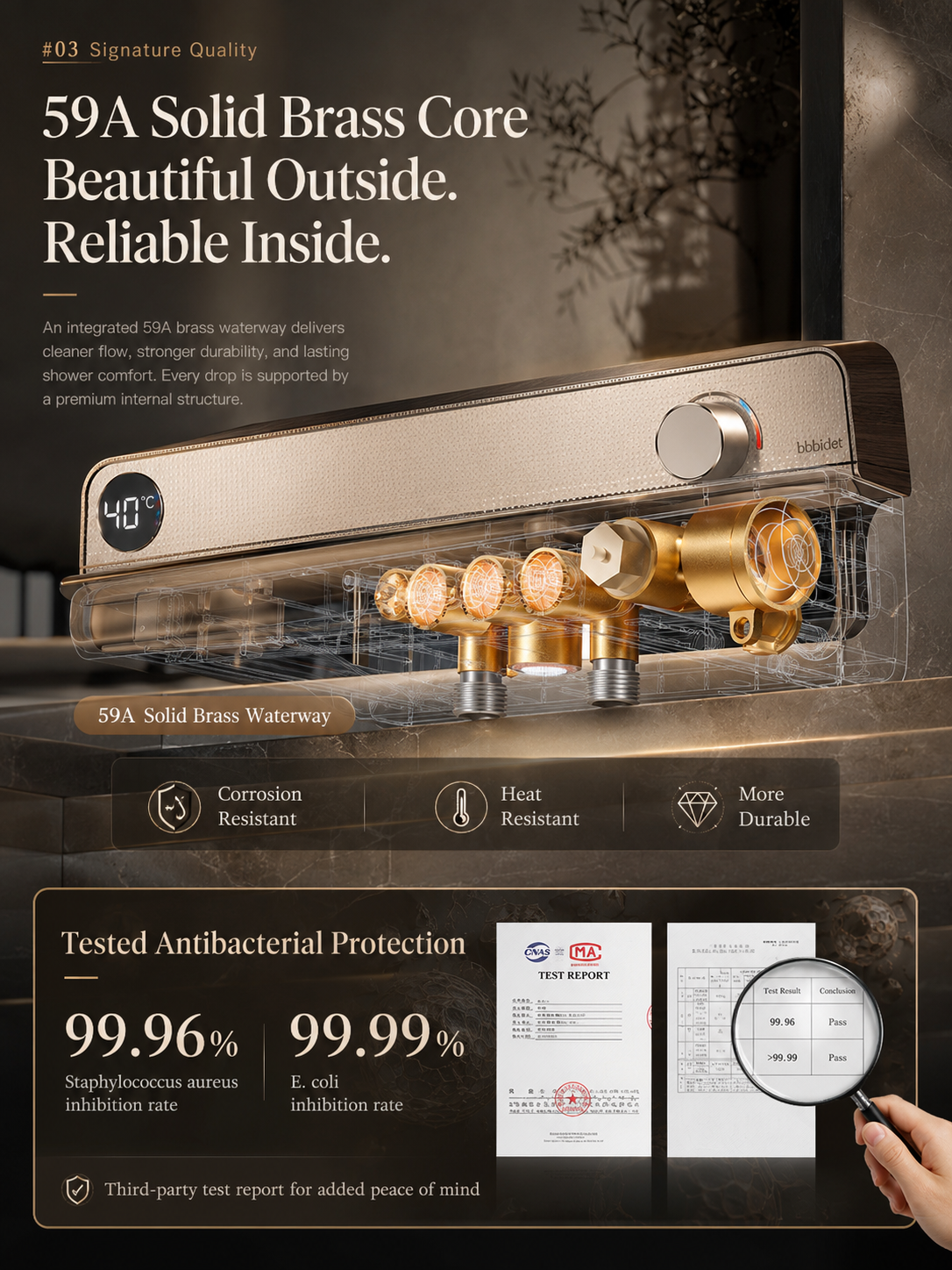 bbbidet Muse Retro Brass Shower System with Walnut Accent - Solid Brass Waterway Filtered Shower Combo with Rainfall Shower Head