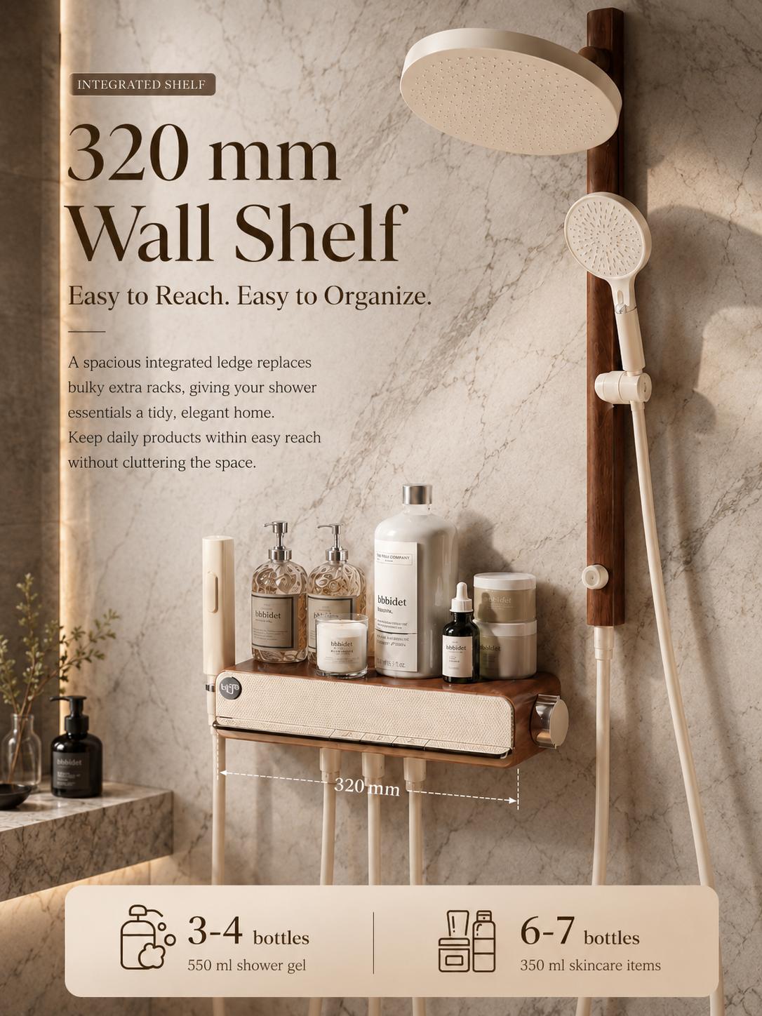 bbbidet Muse Retro Brass Shower System with Walnut Accent - Solid Brass Waterway Filtered Shower Combo with Rainfall Shower Head