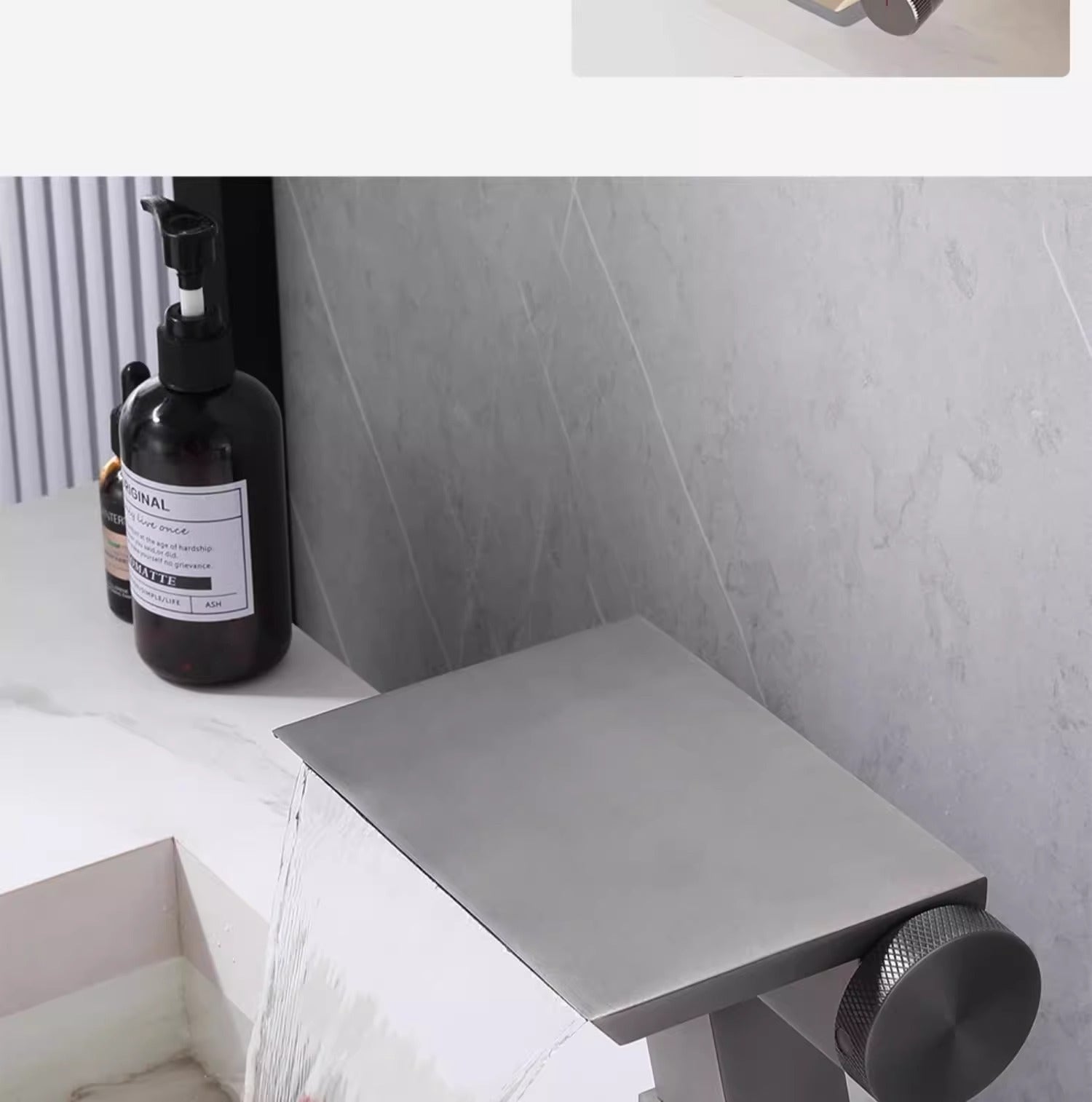 Modern Industrial Waterfall Basin Mixer Faucet - Gunmetal Grey (Knurled Handle)