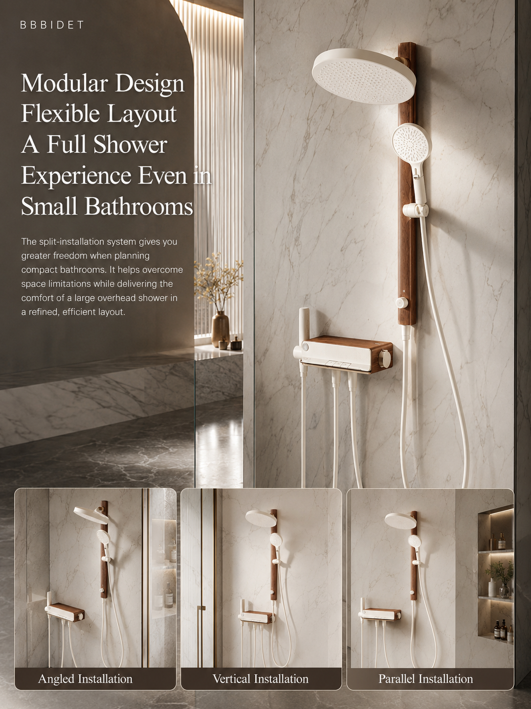 bbbidet Muse Retro Brass Shower System with Walnut Accent - Solid Brass Waterway Filtered Shower Combo with Rainfall Shower Head