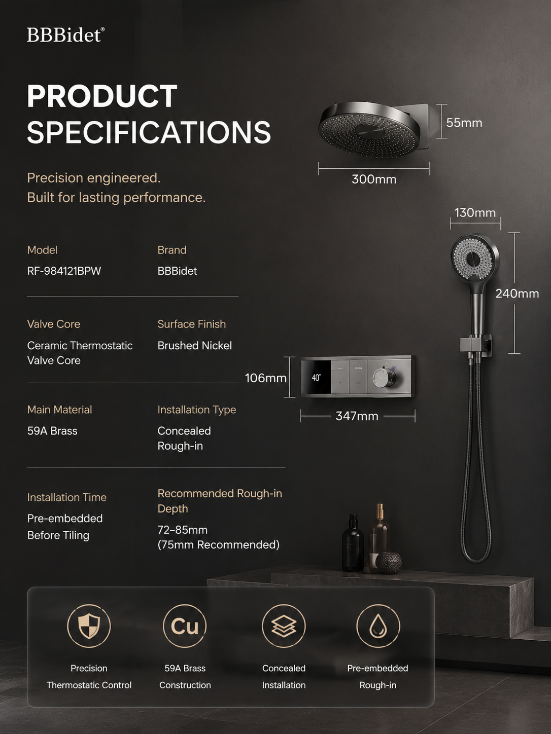 bbbidet Concealed Shower System with Digital Temperature Display - All-Brass Embedded Thermostatic Rainfall Shower Set with 4-Mode Handheld