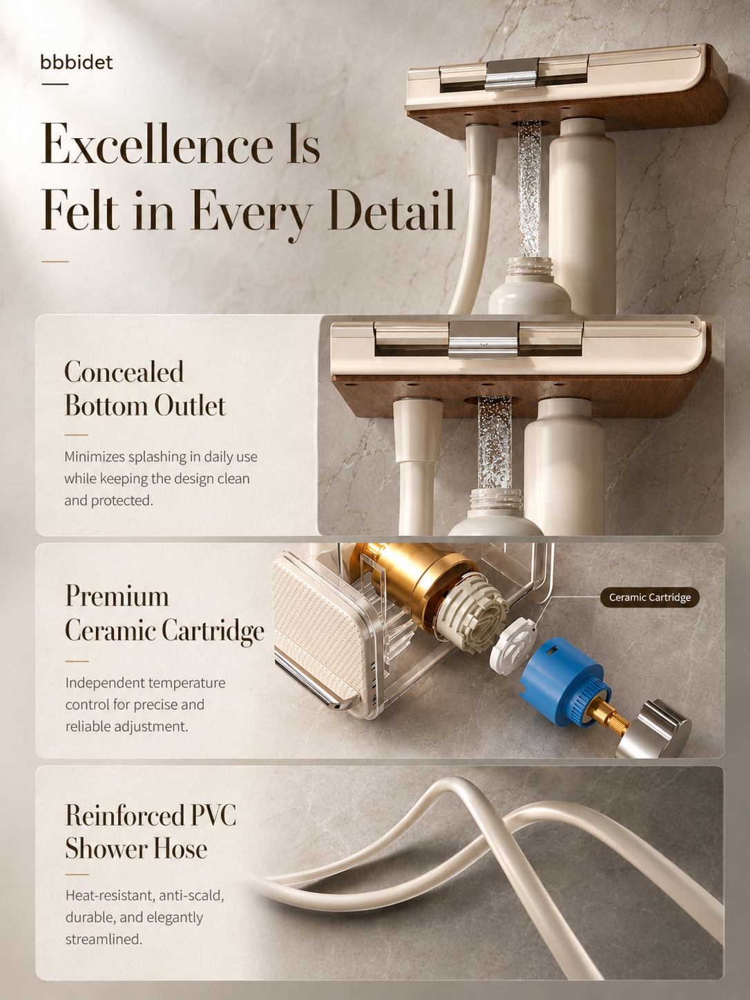 bbbidet Muse Retro Brass Shower System with Walnut Accent - Solid Brass Waterway Filtered Shower Combo with Rainfall Shower Head