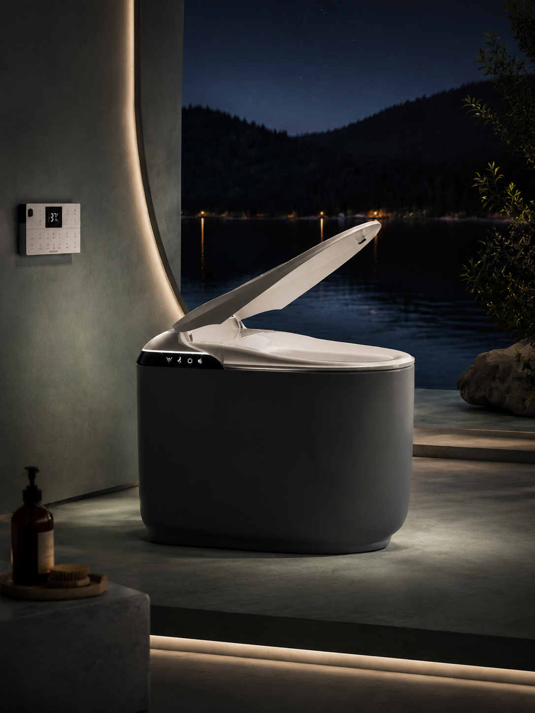 bbbidet K80 compact smart bidet toilet in matte black finish, featuring built-in water tank, S-Trap and P-Trap compatibility, auto-open lid, and wall-mounted remote control