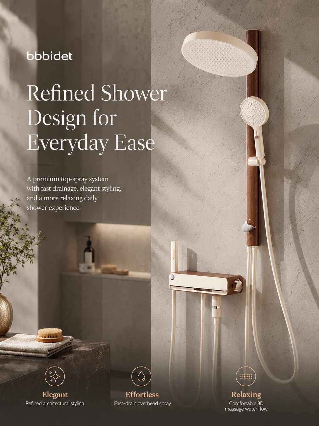 bbbidet Muse Retro Brass Shower System with Walnut Accent - Solid Brass Waterway Filtered Shower Combo with Rainfall Shower Head