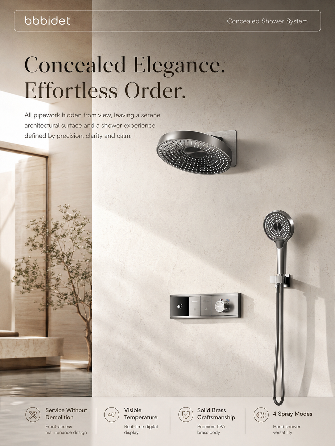 bbbidet Concealed Shower System with Digital Temperature Display - All-Brass Embedded Thermostatic Rainfall Shower Set with 4-Mode Handheld