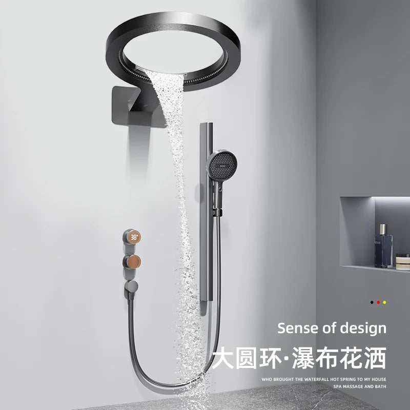 现代隐藏式恒温淋浴系统 - 哑光黑/金色奢华恒温花洒套装