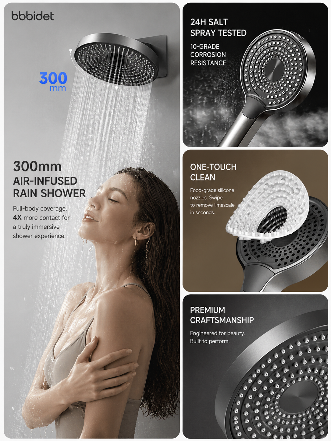 bbbidet Concealed Shower System with Digital Temperature Display - All-Brass Embedded Thermostatic Rainfall Shower Set with 4-Mode Handheld