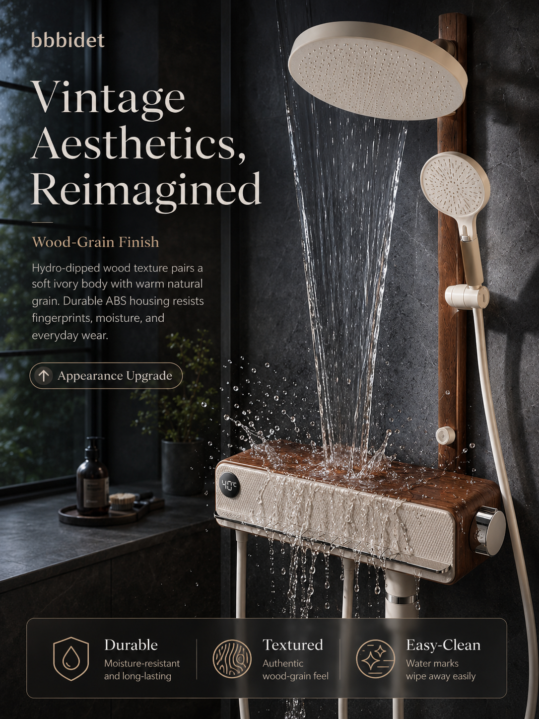 bbbidet Muse Retro Brass Shower System with Walnut Accent - Solid Brass Waterway Filtered Shower Combo with Rainfall Shower Head