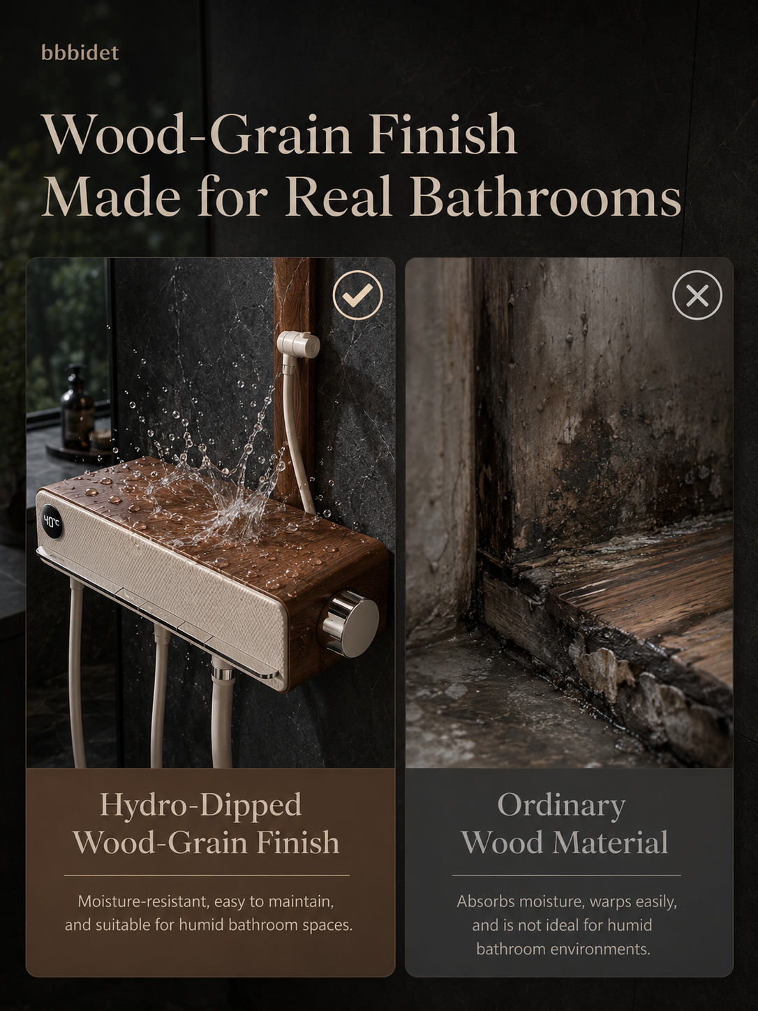 bbbidet Muse Retro Brass Shower System with Walnut Accent - Solid Brass Waterway Filtered Shower Combo with Rainfall Shower Head