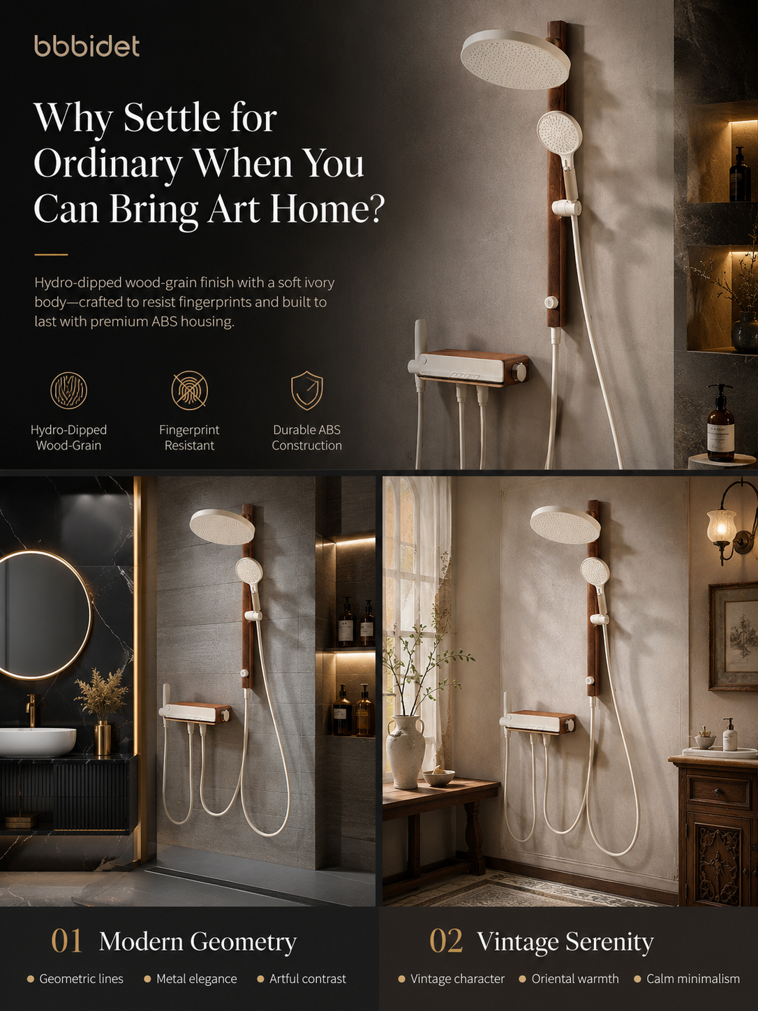 bbbidet Muse Retro Brass Shower System with Walnut Accent - Solid Brass Waterway Filtered Shower Combo with Rainfall Shower Head