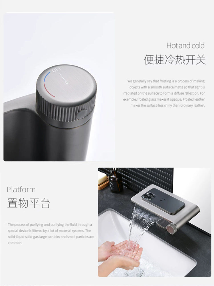 現代工業風瀑布式面盆水喉 - 奢華鑽石滾花把手 高端槍灰色防濺洗手盆冷熱混合龍頭