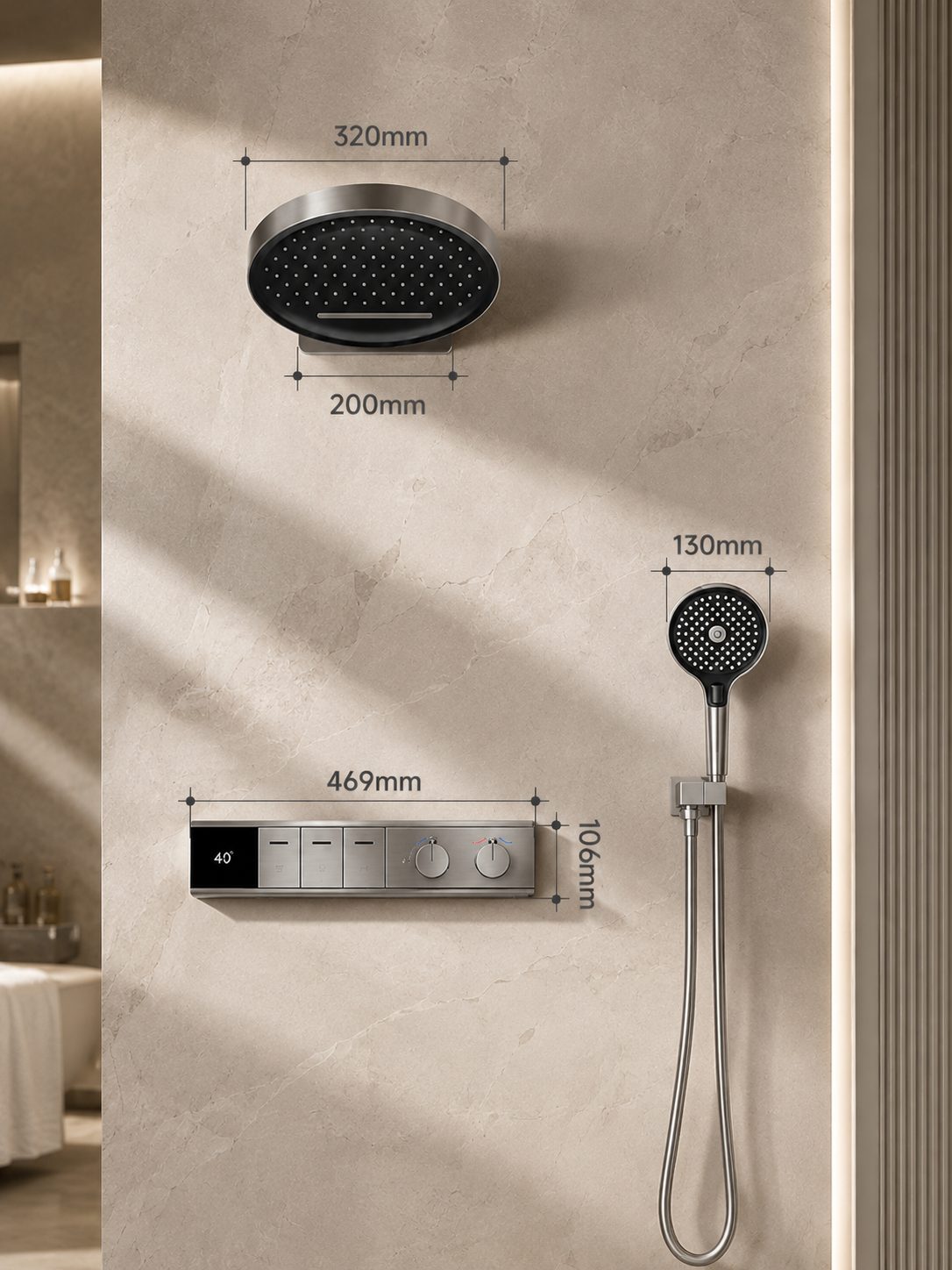 bbbidet Concealed Shower System with Digital Temperature Display - All-Brass Embedded Thermostatic Rainfall Shower Set with 4-Mode Handheld
