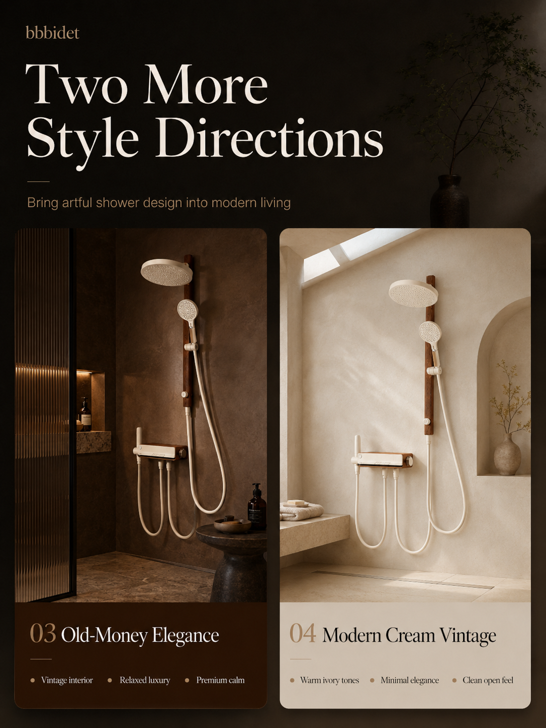 bbbidet Muse Retro Brass Shower System with Walnut Accent - Solid Brass Waterway Filtered Shower Combo with Rainfall Shower Head