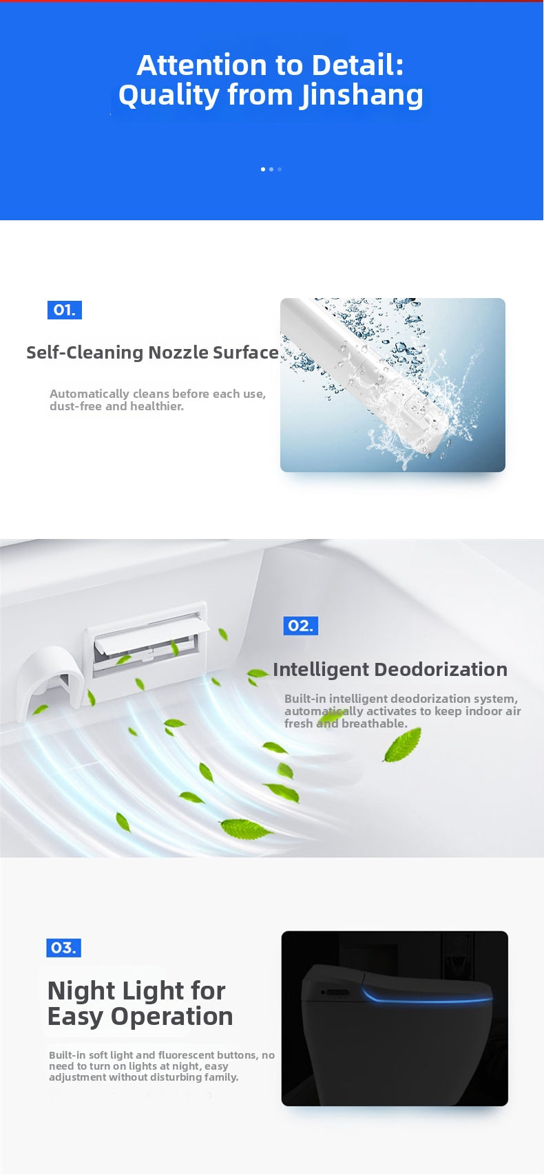 828 Smart Bidet Toilet featuring an Automatic Self-Cleaning Nozzle and Carbon Air Deodorizer for a Fresh, Germ-Free Bathroom. The Integrated LED Night Light Provides Safe Navigation at Night, Ensuring Ultimate Convenience and Modern Hygiene