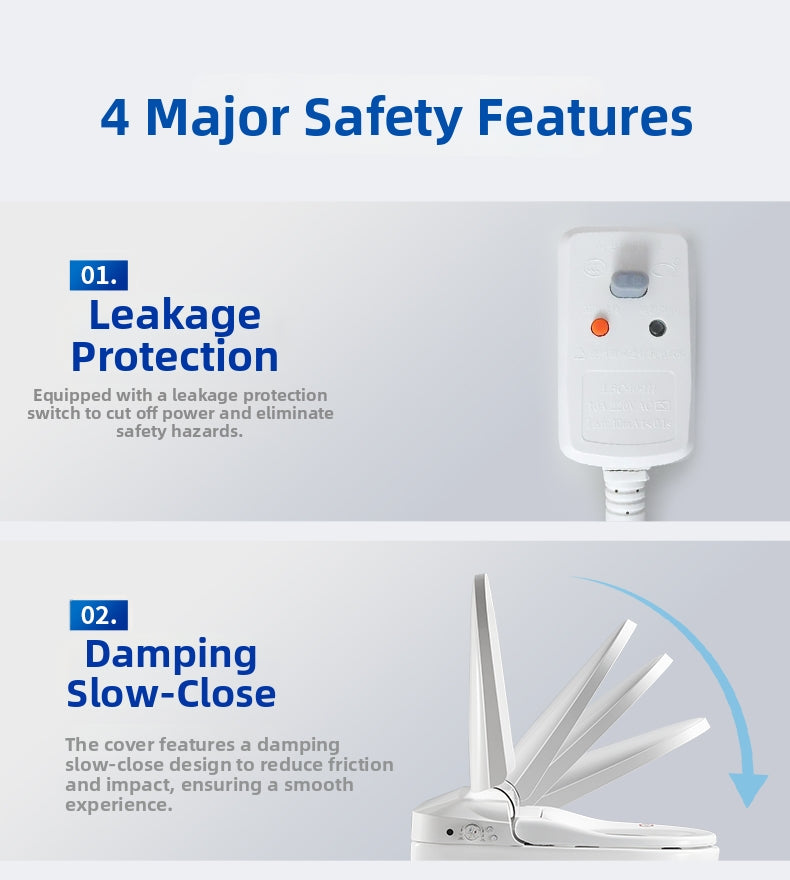 the 828 square enema smart bidet toilet ensures absolute safety with a built-in leakage protection switch and offers luxury with an automatic lid system