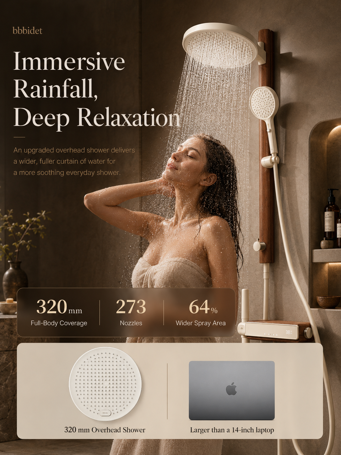 bbbidet Muse Retro Brass Shower System with Walnut Accent - Solid Brass Waterway Filtered Shower Combo with Rainfall Shower Head