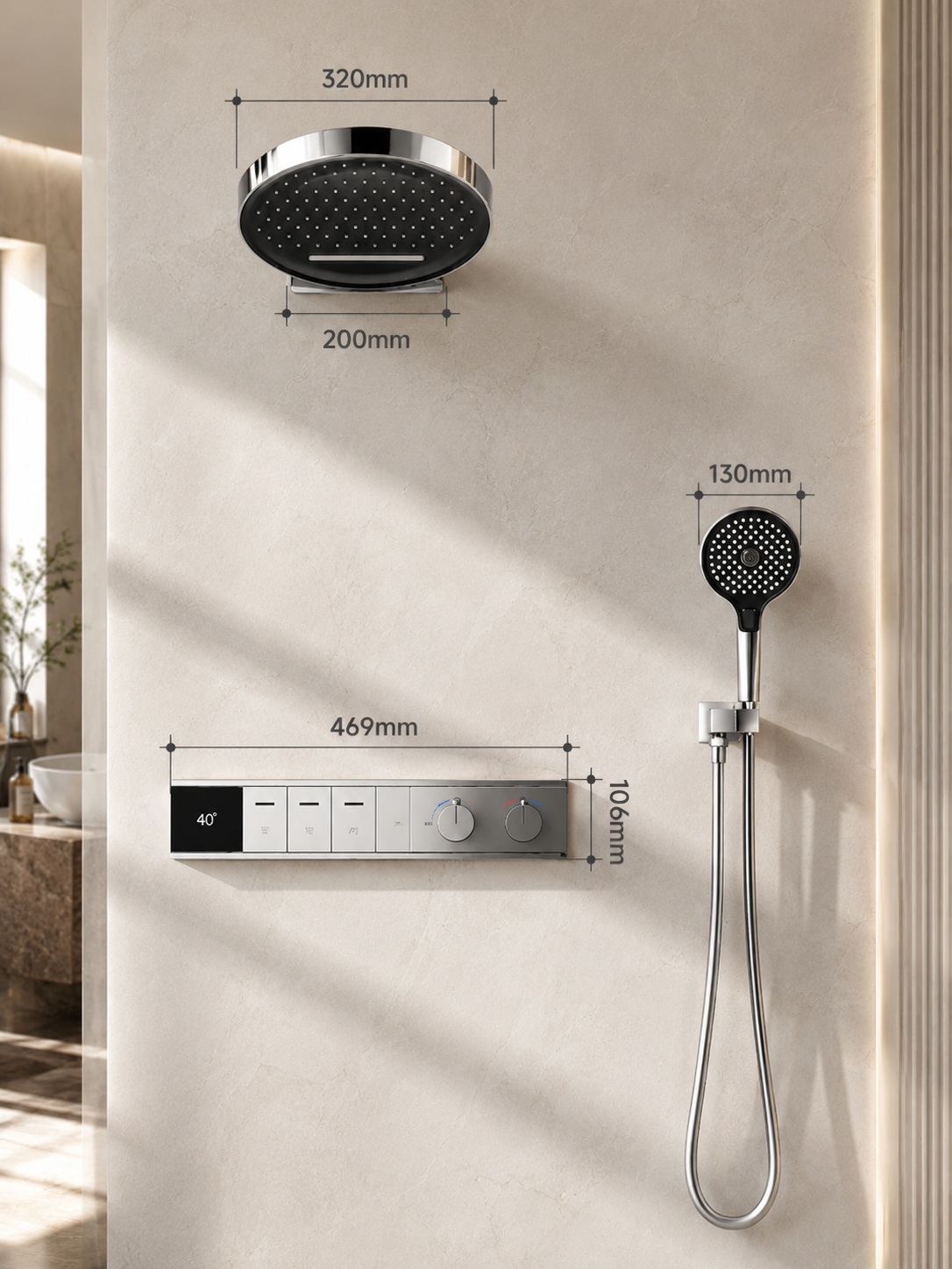 bbbidet Concealed Shower System with Digital Temperature Display - All-Brass Embedded Thermostatic Rainfall Shower Set with 4-Mode Handheld