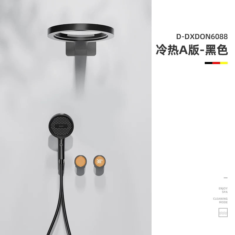 现代隐藏式恒温淋浴系统 - 哑光黑/金色奢华恒温花洒套装