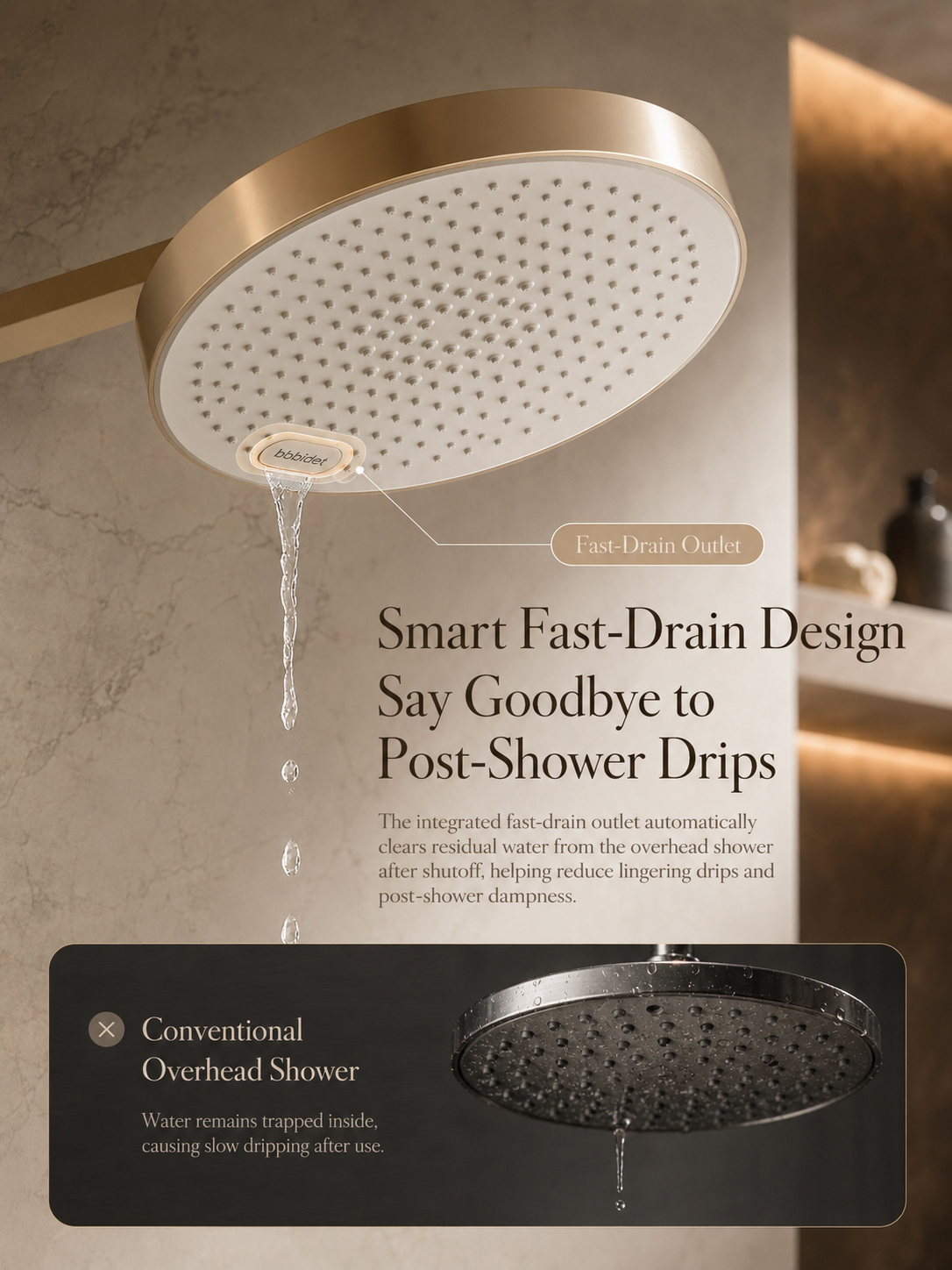 bbbidet Muse Retro Brass Shower System with Walnut Accent - Solid Brass Waterway Filtered Shower Combo with Rainfall Shower Head