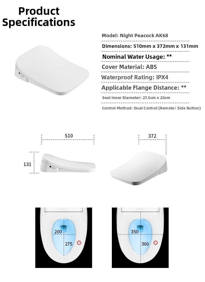AK68 Square Smart Bidet Seat Dimensions: 510x372x131mm. This Ultra-Slim D-Shape Design Offers a Universal Fit for Modern Square Toilets, Combining a Sleek Low-Profile Look with High-Performance Technology for Your Bathroom Upgrade.