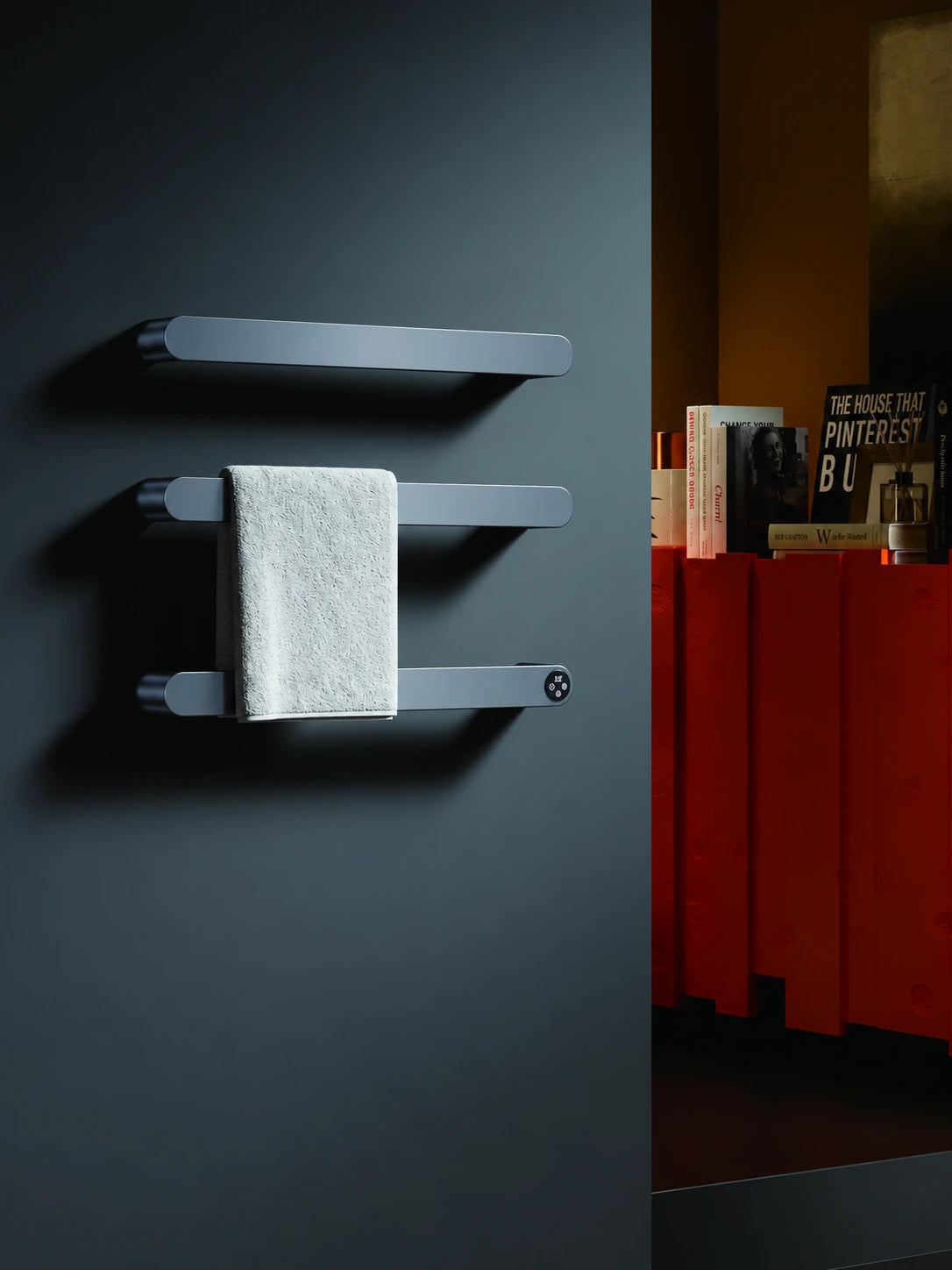 KM333 three-bar electric towel warmer in cover-style bathroom scene