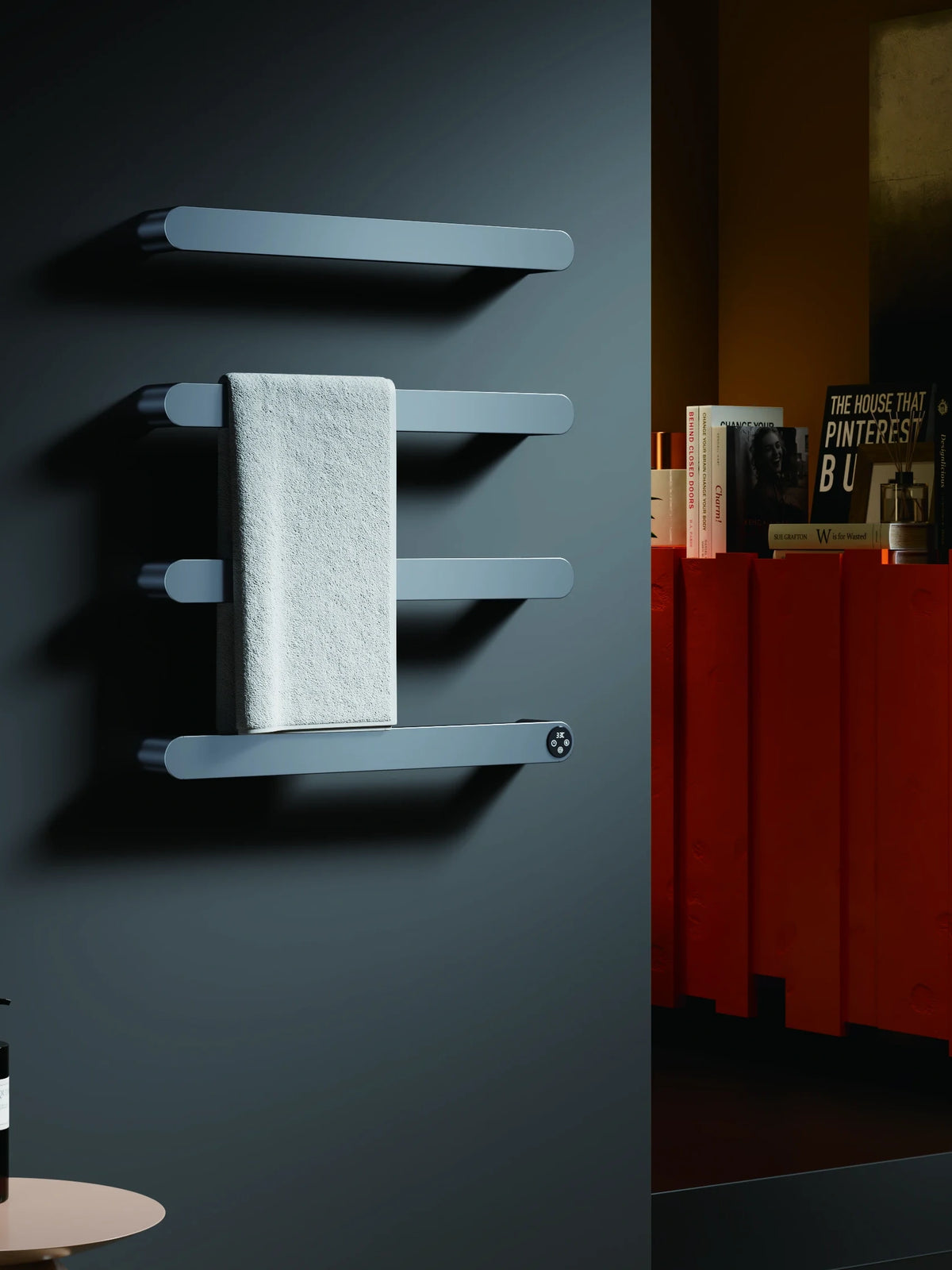 KM334 four-bar electric towel warmer in original catalog cover scene