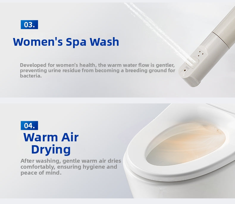 JA07 Smart Bidet Toilet: Gentle Feminine Wash designed for delicate care and a multi-speed Warm Air Dryer for a 100% paperless experience. Enjoy a soothing, spa-like refresh with personalized comfort settings