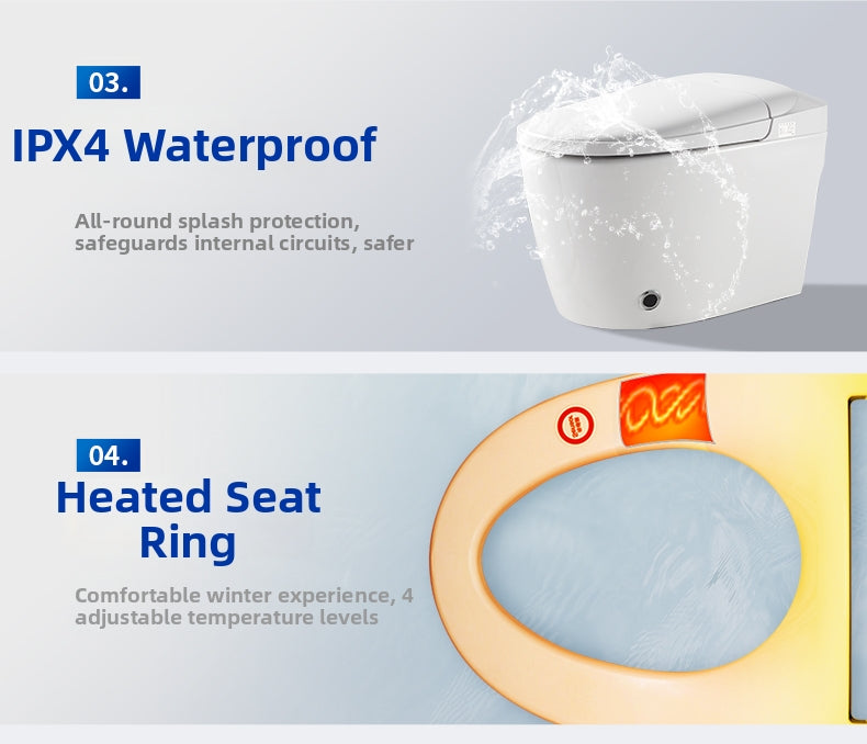 JA07 Smart Bidet Toilet: Stay cozy with a 4-level Heated Seat and enjoy total peace of mind with IPX4 Waterproof safety. Engineered for damp bathrooms, ensuring long-lasting comfort and protection against splashes