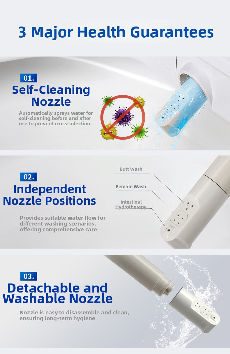 JA07 Smart Bidet Toilet: Triple hygiene protection with a Self-Cleaning, Detachable Nozzle for effortless maintenance. Features dual-nozzle technology for 100% sterile cleaning and personalized sanitation you can trust.