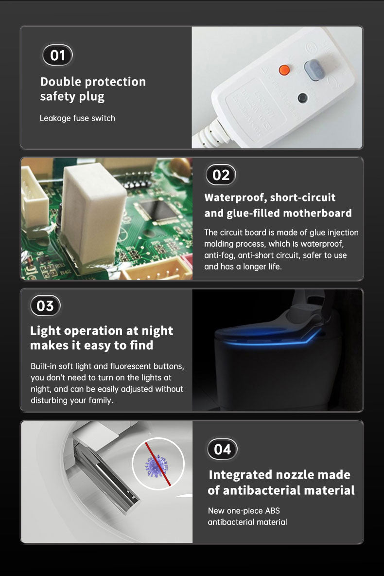 M8 overview of smart bidet toilet premium features including leakage protection, waterproof motherboard, blue LED night light, and antibacterial nozzle