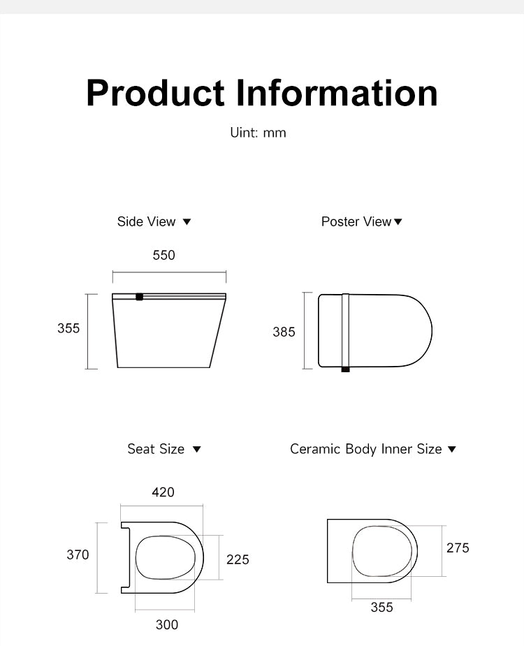 Compact wall-hung smart toilet with dimensions of 550mm length, 385mm width, and 355mm height, ideal for space-saving bathroom layouts.