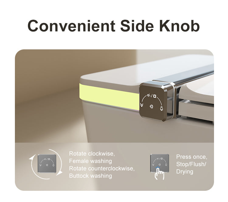 Wall-hung smart toilet with an intuitive side control button for easy access to basic functions like flushing and washing without a remote.