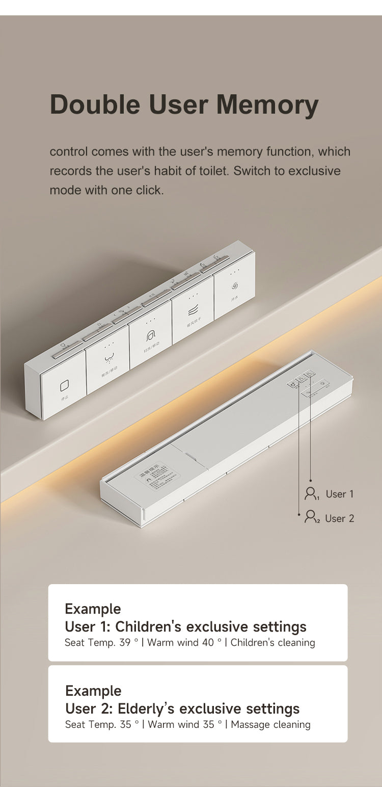 Wall-hung smart toilet featuring a dual-user memory mode that saves personalized preferences for water temperature, seat warmth, and spray strength for two different family members.