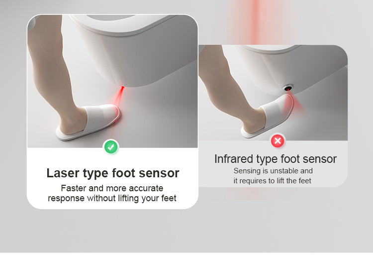 Wall-hung smart toilet featuring a highly sensitive infrared foot sensor for hands-free lid opening and flushing, ensuring maximum bathroom hygiene