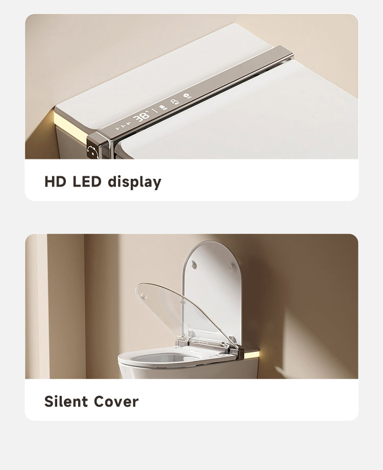 Smart wall-hung toilet featuring a high-definition LED display for real-time temperature status and a silent soft-close lid to prevent slamming and noise at night.