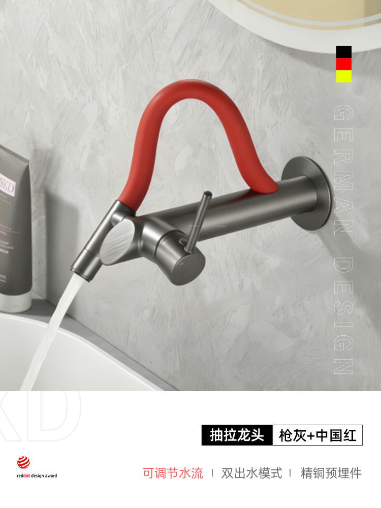现代壁挂式浴室水龙头带抽拉喷头 | 隐藏式冷热水面盆混合器