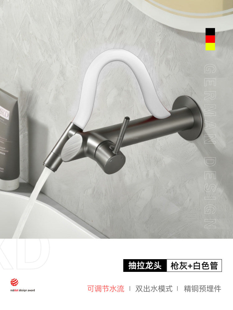 现代壁挂式浴室水龙头带抽拉喷头 | 隐藏式冷热水面盆混合器