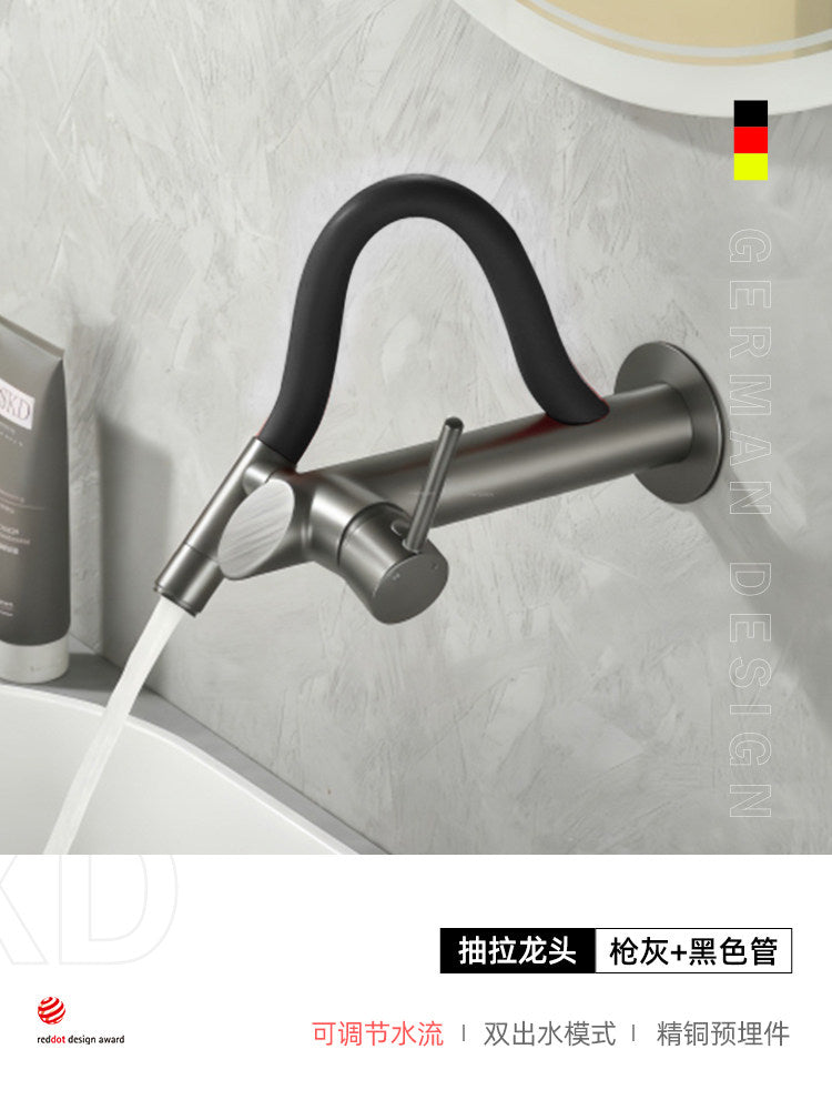 现代壁挂式浴室水龙头带抽拉喷头 | 隐藏式冷热水面盆混合器