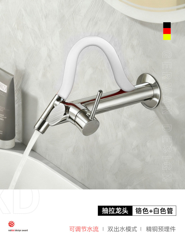 现代壁挂式浴室水龙头带抽拉喷头 | 隐藏式冷热水面盆混合器