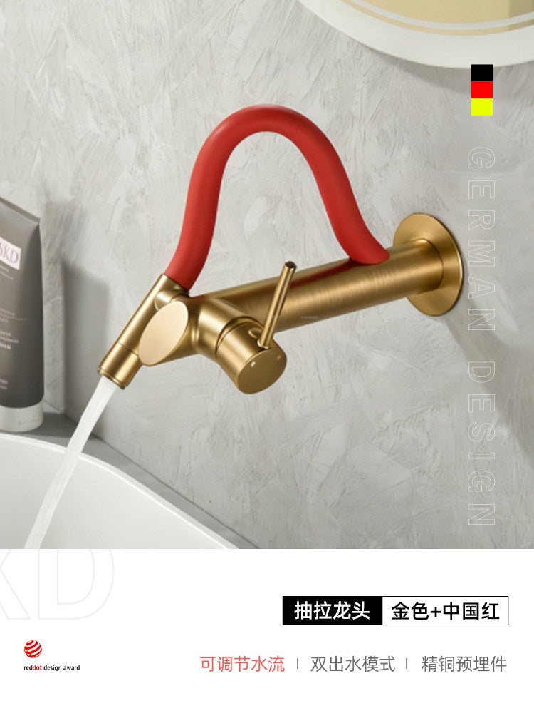 现代壁挂式浴室水龙头带抽拉喷头 | 隐藏式冷热水面盆混合器