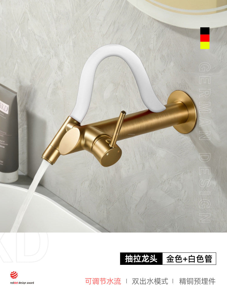 现代壁挂式浴室水龙头带抽拉喷头 | 隐藏式冷热水面盆混合器