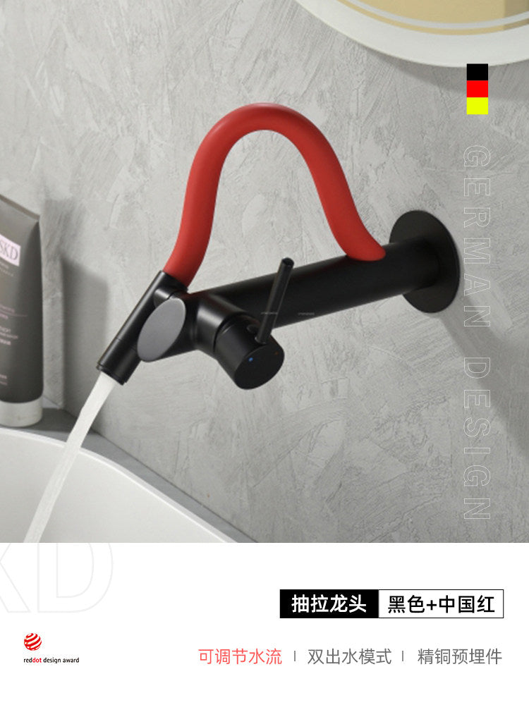 现代壁挂式浴室水龙头带抽拉喷头 | 隐藏式冷热水面盆混合器