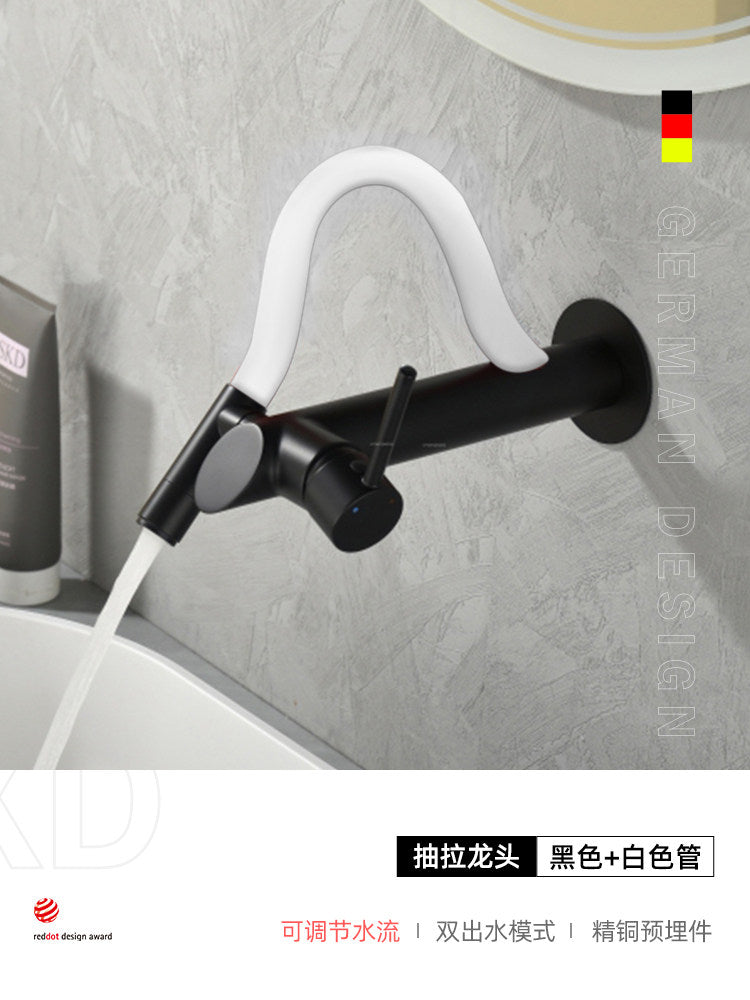 现代壁挂式浴室水龙头带抽拉喷头 | 隐藏式冷热水面盆混合器