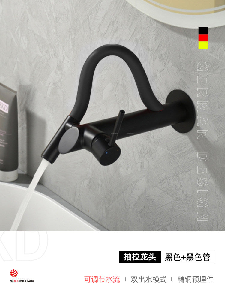 现代壁挂式浴室水龙头带抽拉喷头 | 隐藏式冷热水面盆混合器
