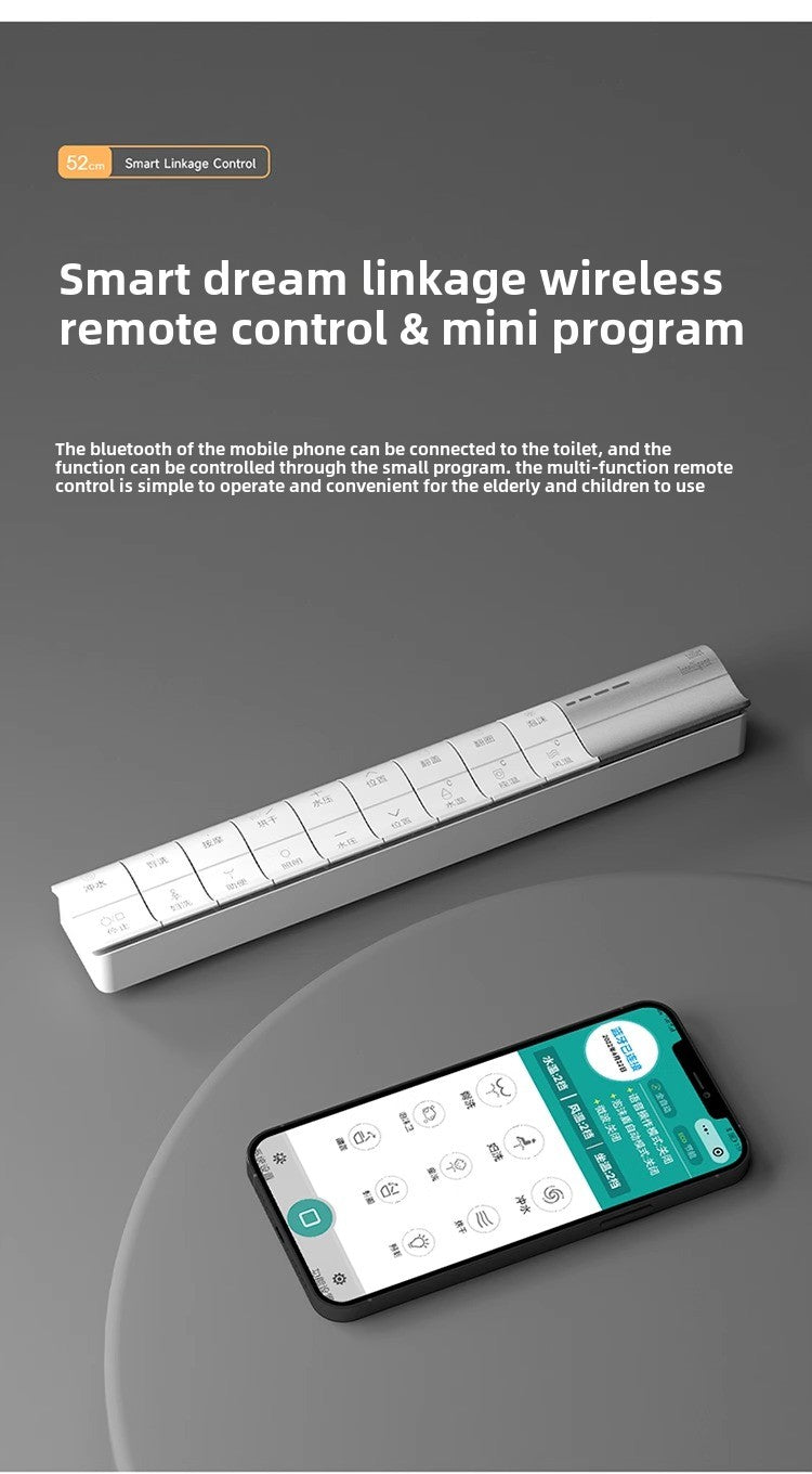 Smart toilet featuring dual control options via a wireless remote and a smartphone app